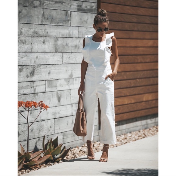 White Denim Ruffle Open Back Jumpsuit - Picture 2 of 8